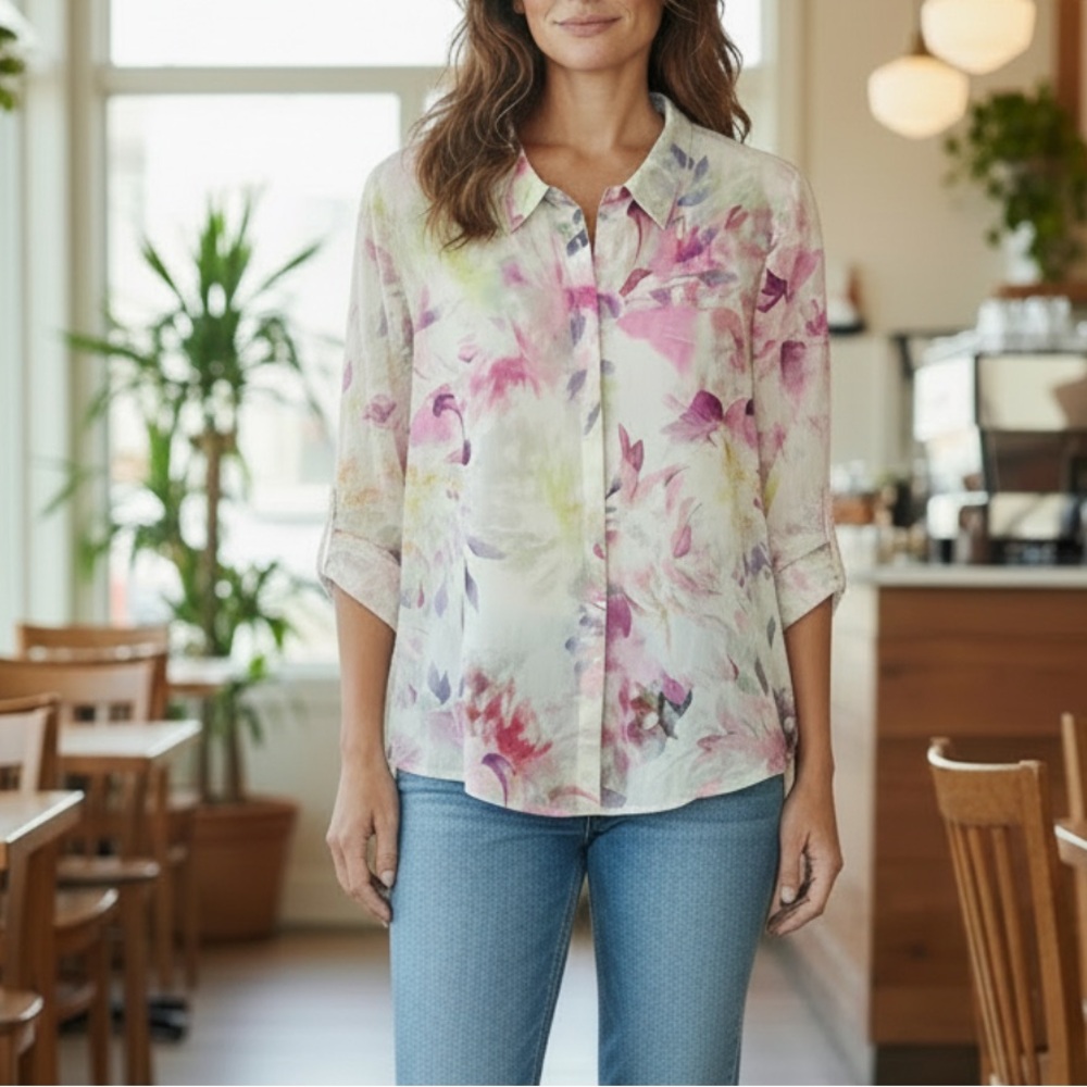 Pure Collection Floral Print Silk Button Down Blouse Size 8/10